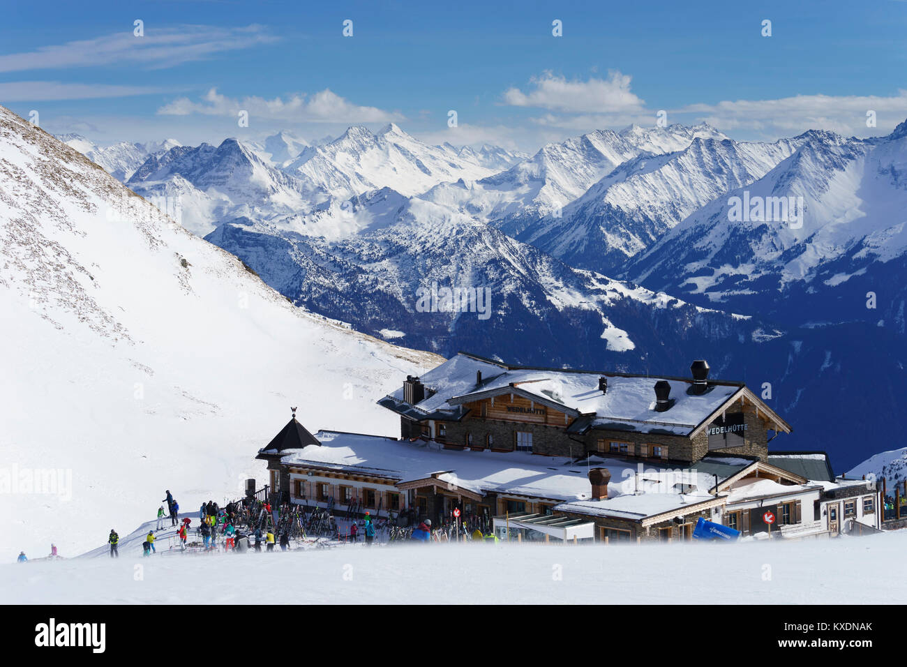 Ski hut Wedelhütte in winter, Hochzillertal Ski Resort, Kaltenbach Hochfügen, Zillertal, Zillertal Alps, Tyrol, Austria Stock Photo