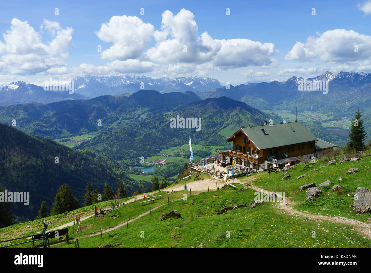 Hochgernhaus, mountain hut at Hochgern, in the back the Wilder Kaiser, Marquartstein, Oberbayern, Bavaria, Germany Stock Photo