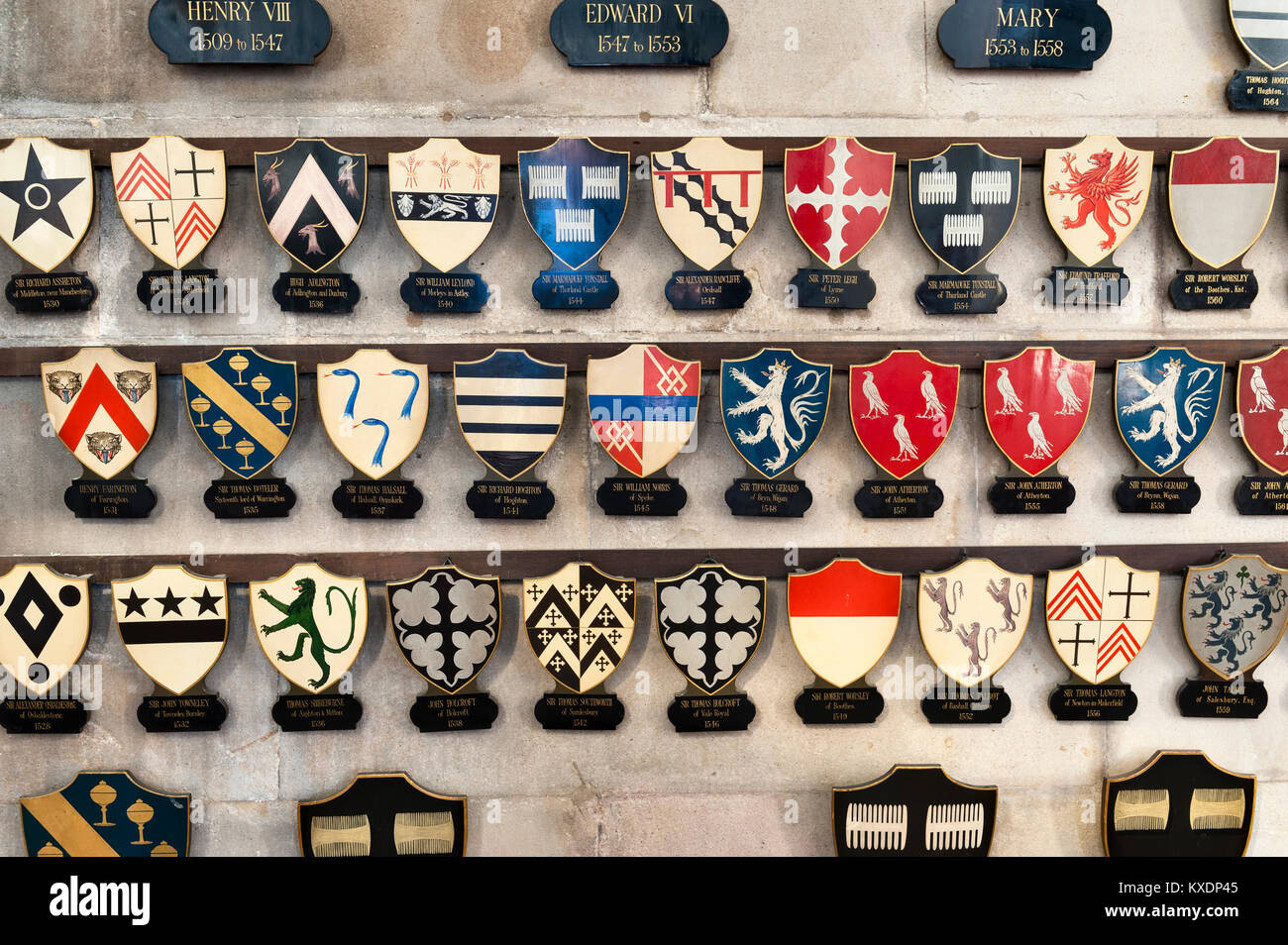 Lancaster Castle, Lancashire, UK. The Shire Hall displays the coats of arms of every Constable