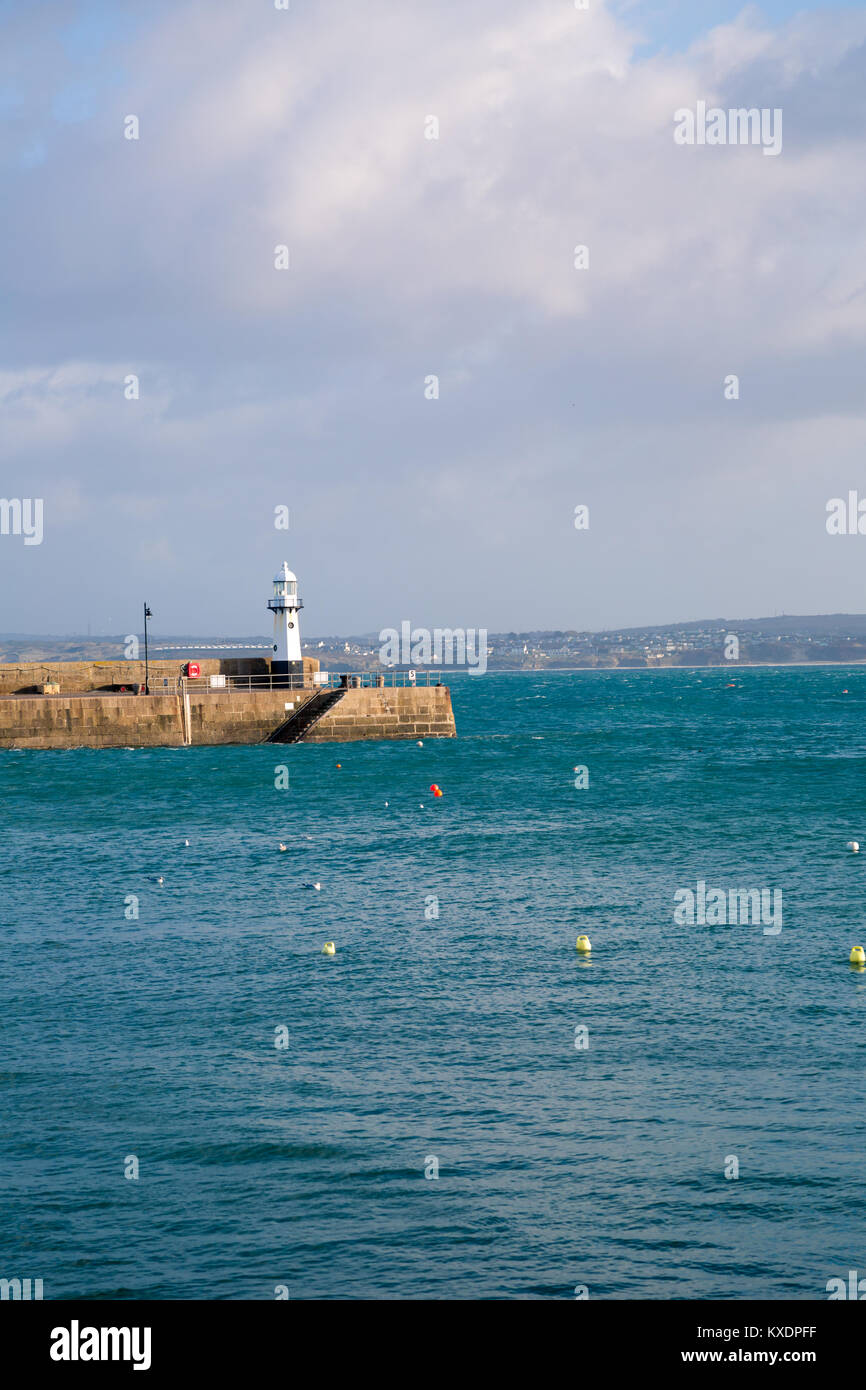 St Ives Cornwall. Vertical image of the lighthouse on Smeaton's Pier at St Ives Cornwall. Stock Photo