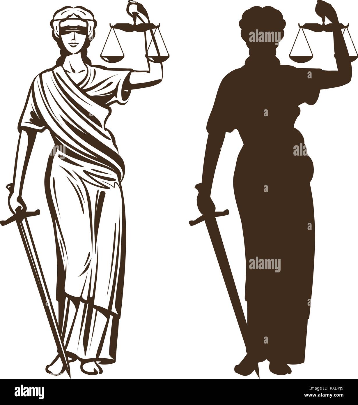Goddess of justice. Themis with blindfold, scales and sword in hands. Vector illustration Stock Vector