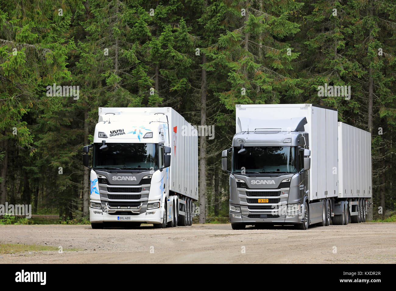 LAUKAA, FINLAND - SEPTEMBER 22, 2017: White and Silver Next Generation Scania R500 trucks parked with spruce tree forest on the background on Scania L Stock Photo