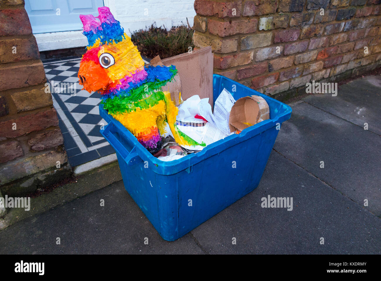 Paper collection recycling box filled with cardboard and papers ready