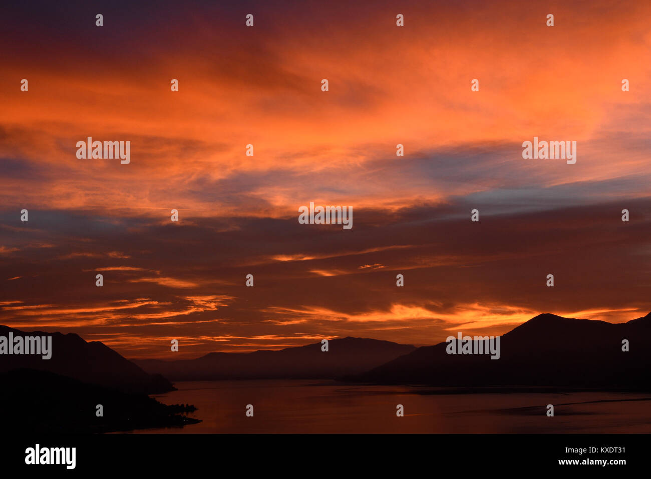 Sunset at Lake Maggiore, near Luino, Lombardy, Italy Stock Photo