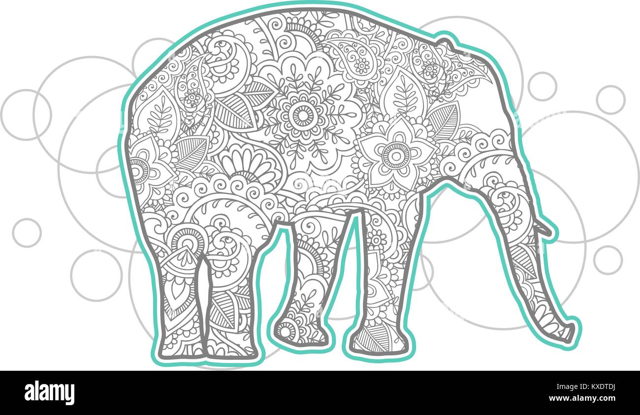 hand drawn elephant doodle animal paisley adult stress release coloring page zentangle stylized ...