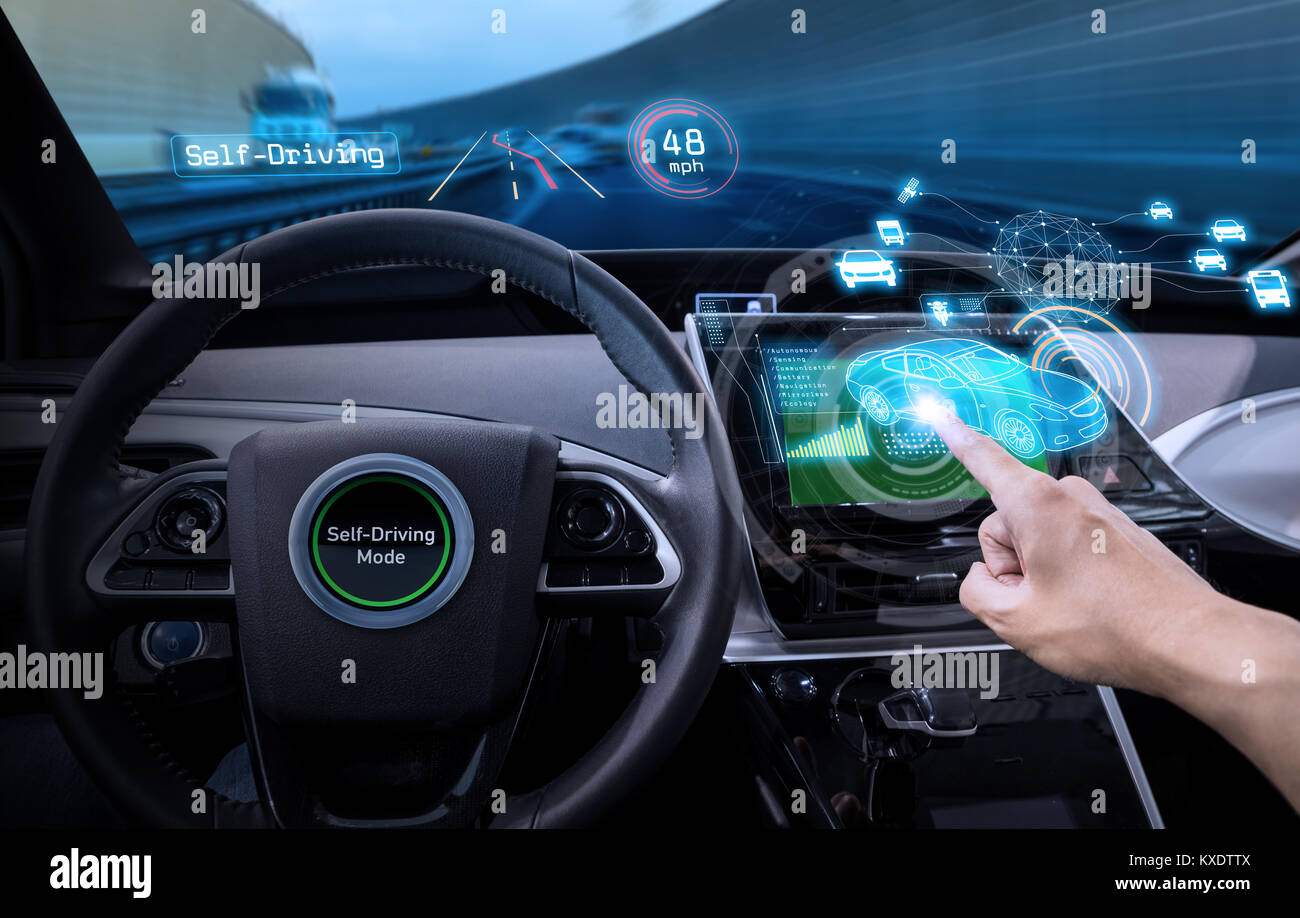 vehicle cockpit and screen, car electronics, automotive technology, autonomous car, abstract image visual Stock Photo