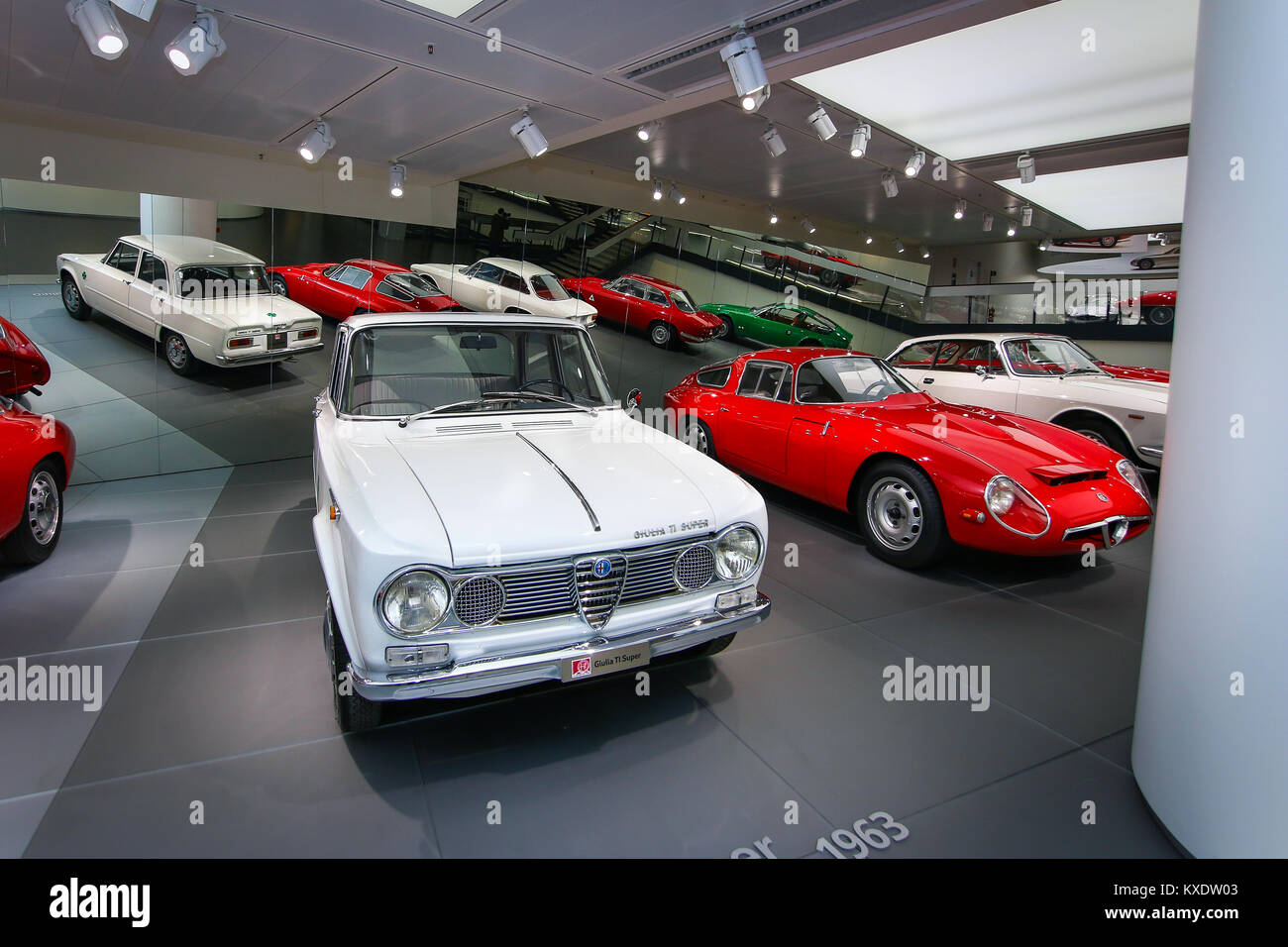 Alfa Romeo Giulia Ti and TZ1 models on display at The Historical Museum Alfa Romeo Stock Photo