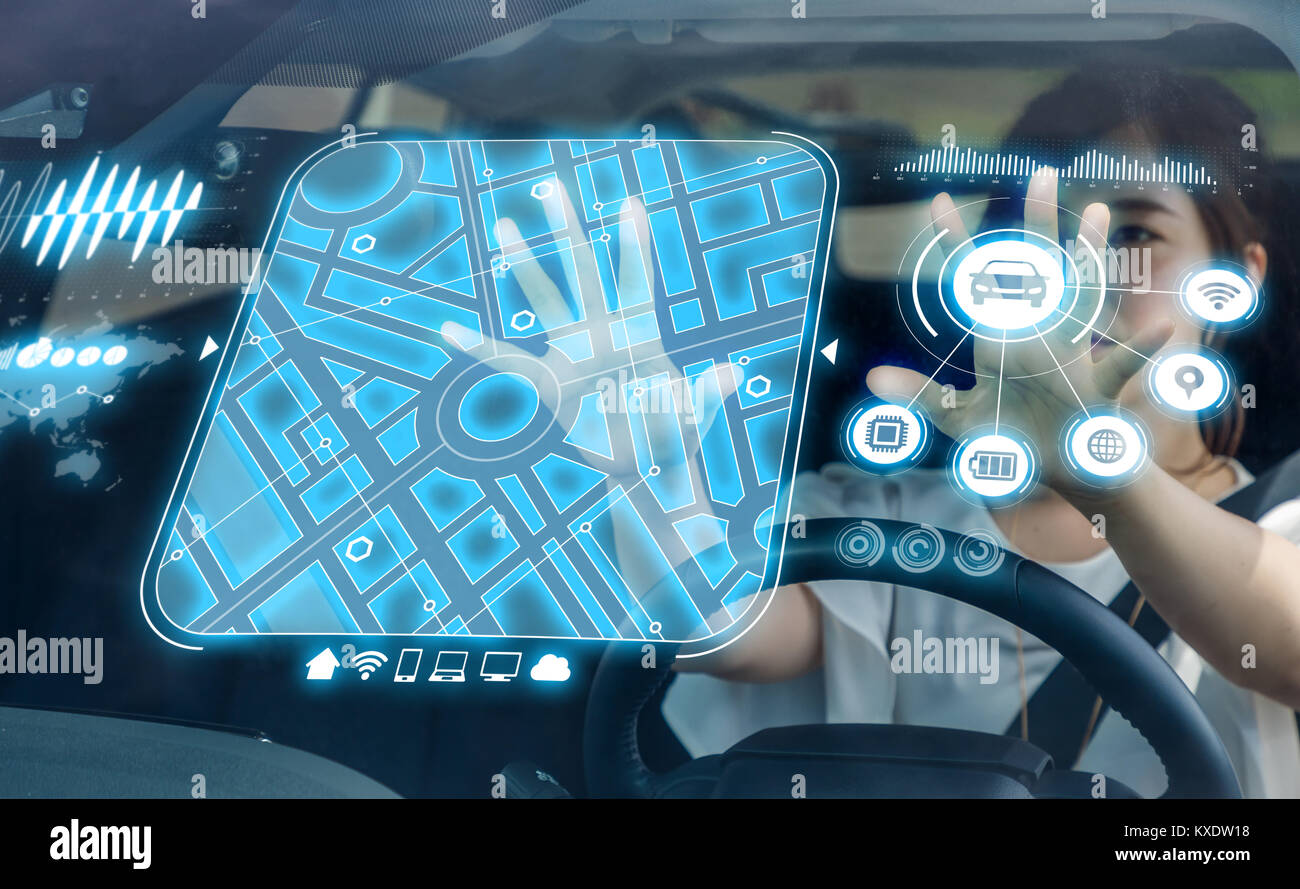 Heads up Display (HUD) of vehicle. Graphical User Interface (GUI). Futuristic car. Automotive technology. Stock Photo