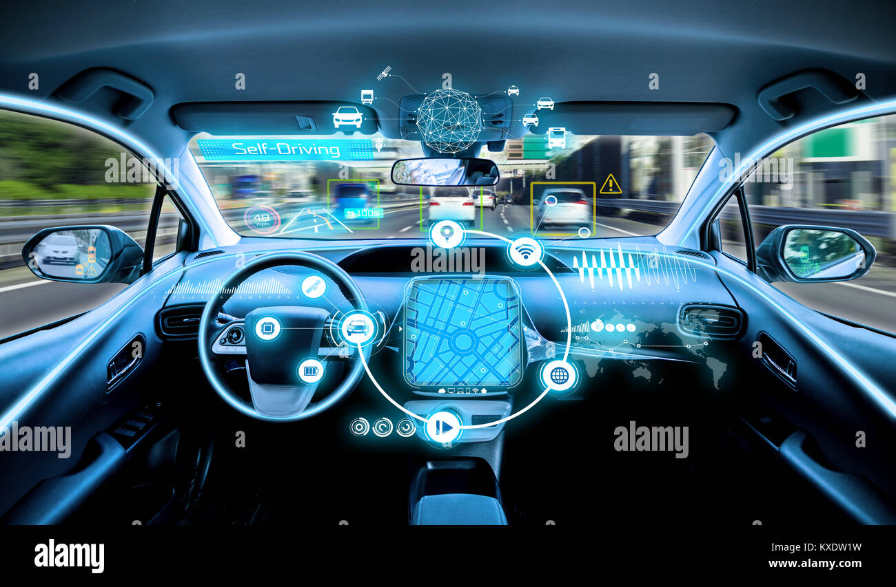 empty cockpit of vehicle. HUD(Head Up Display) and digital instruments panel, autonomous car Stock Photo