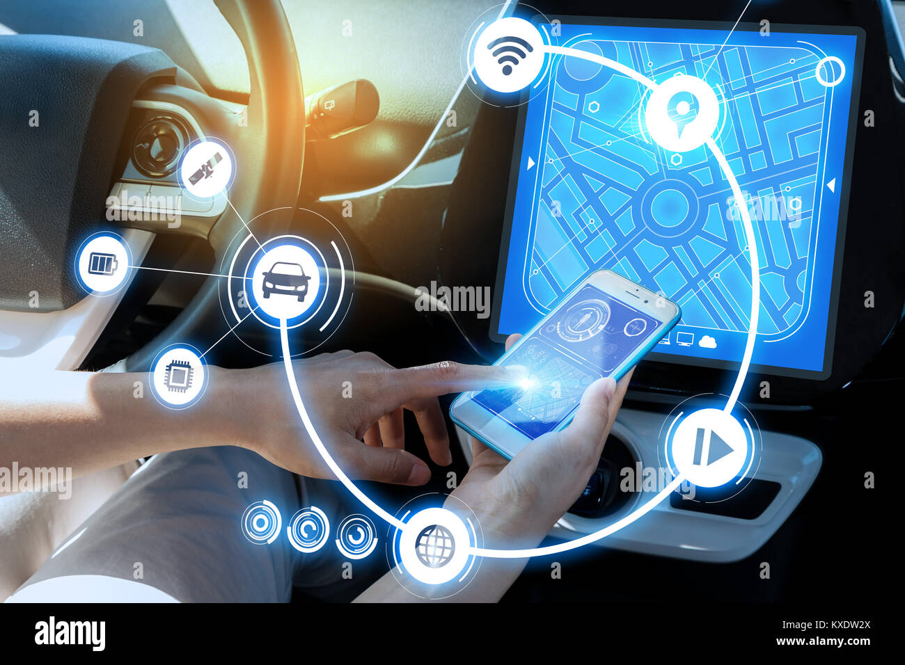 wireless communication between smart phone and car instrument panel. autonomous car. Stock Photo