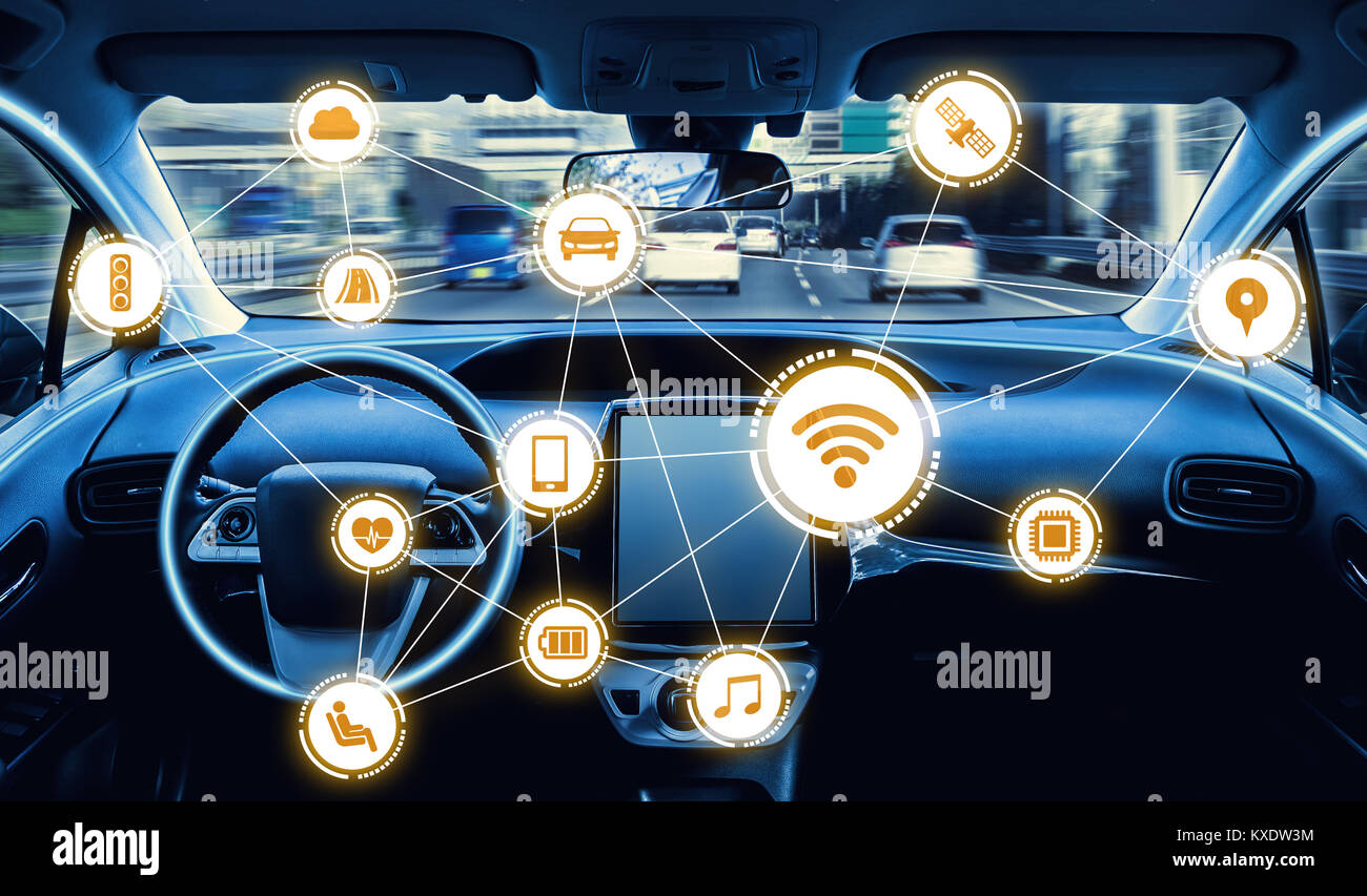 intelligent vehicle cockpit and wireless communication network concept Stock Photo