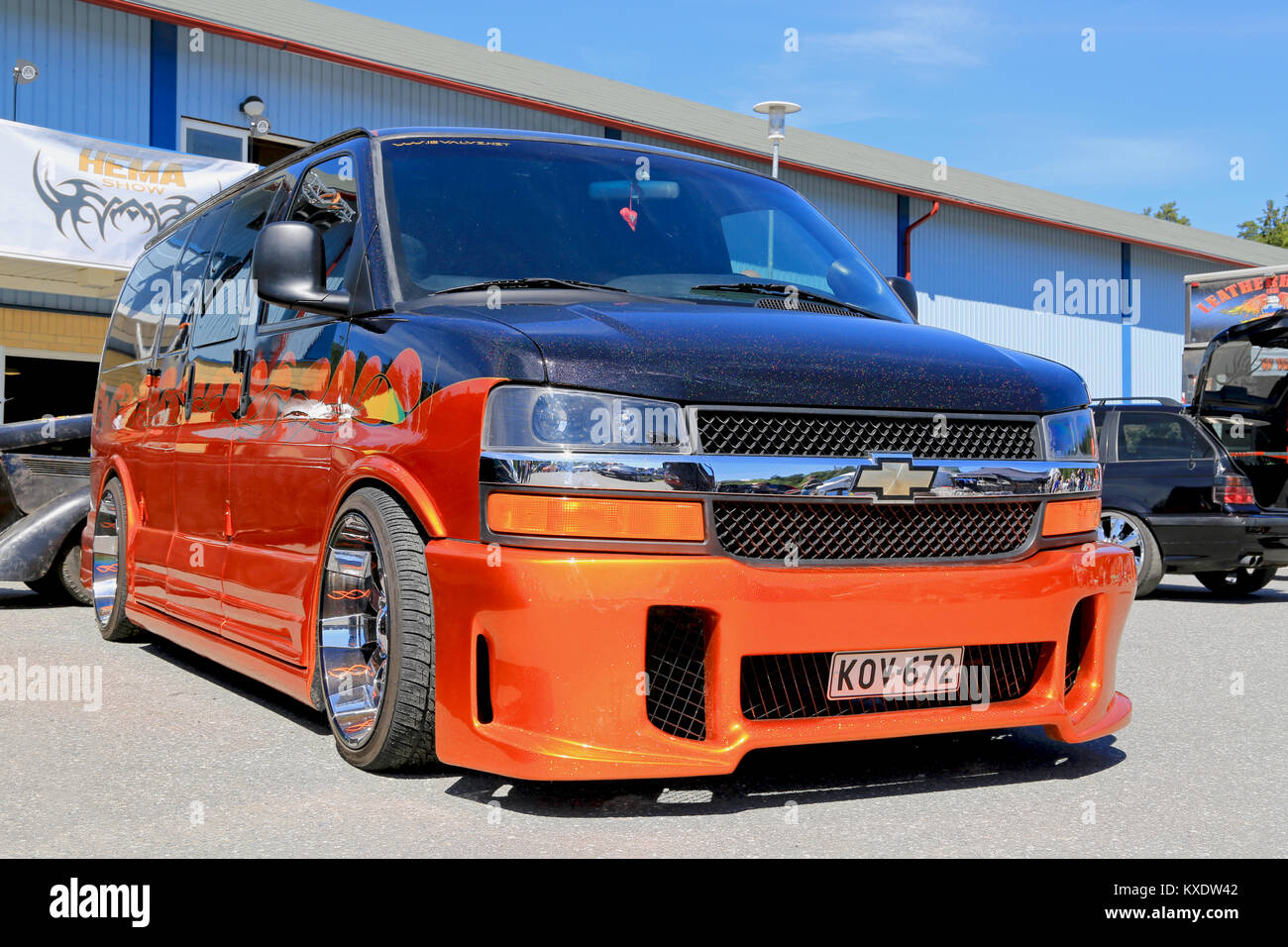 LOIMAA, FINLAND - JUNE 15, 2014:  Tuned up Chevrolet Express van shown at HeMa Show 2014 in Loimaa, Finland. Stock Photo
