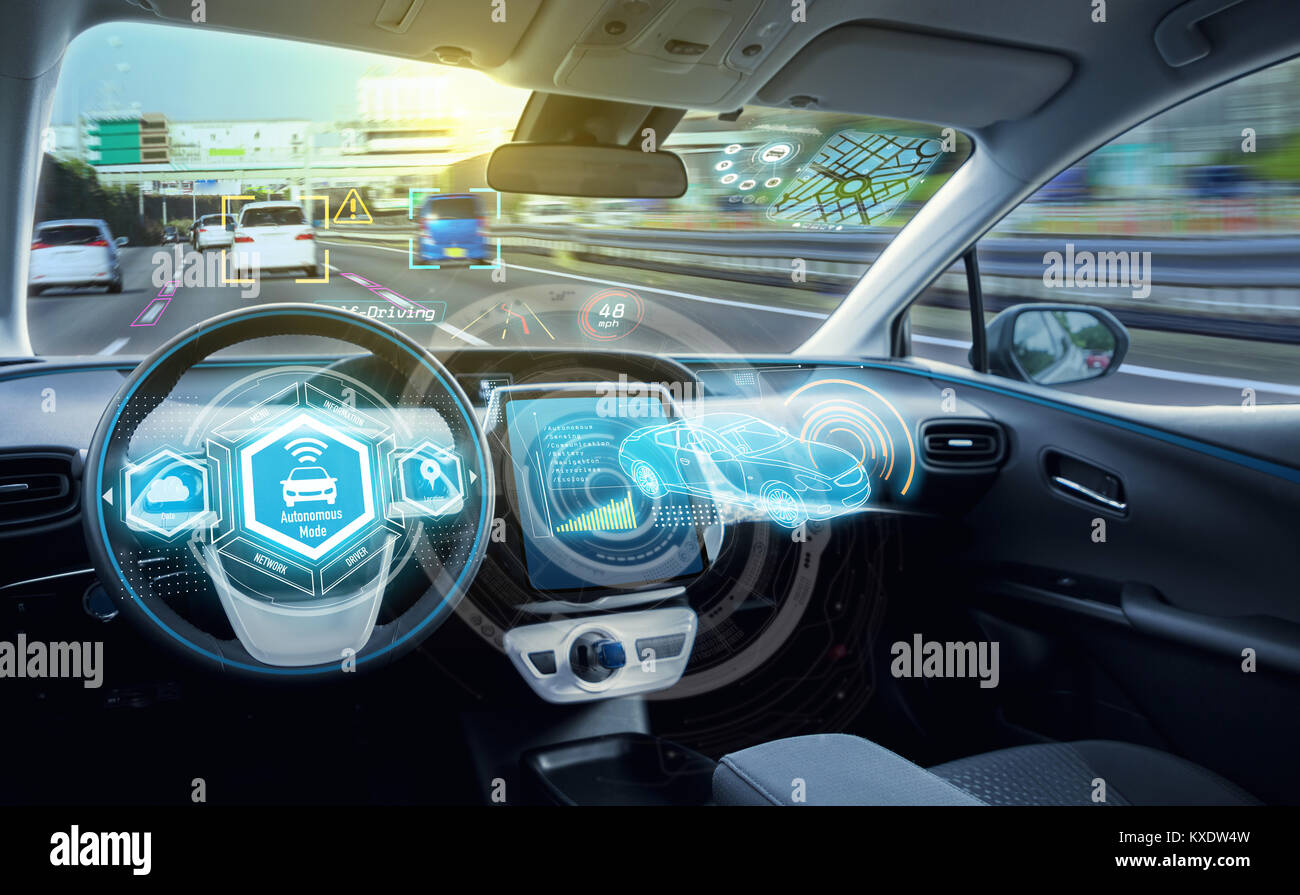 Empty cockpit of autonomous car, HUD(Head Up Display) and digital speedometer. self-driving vehicle. Stock Photo