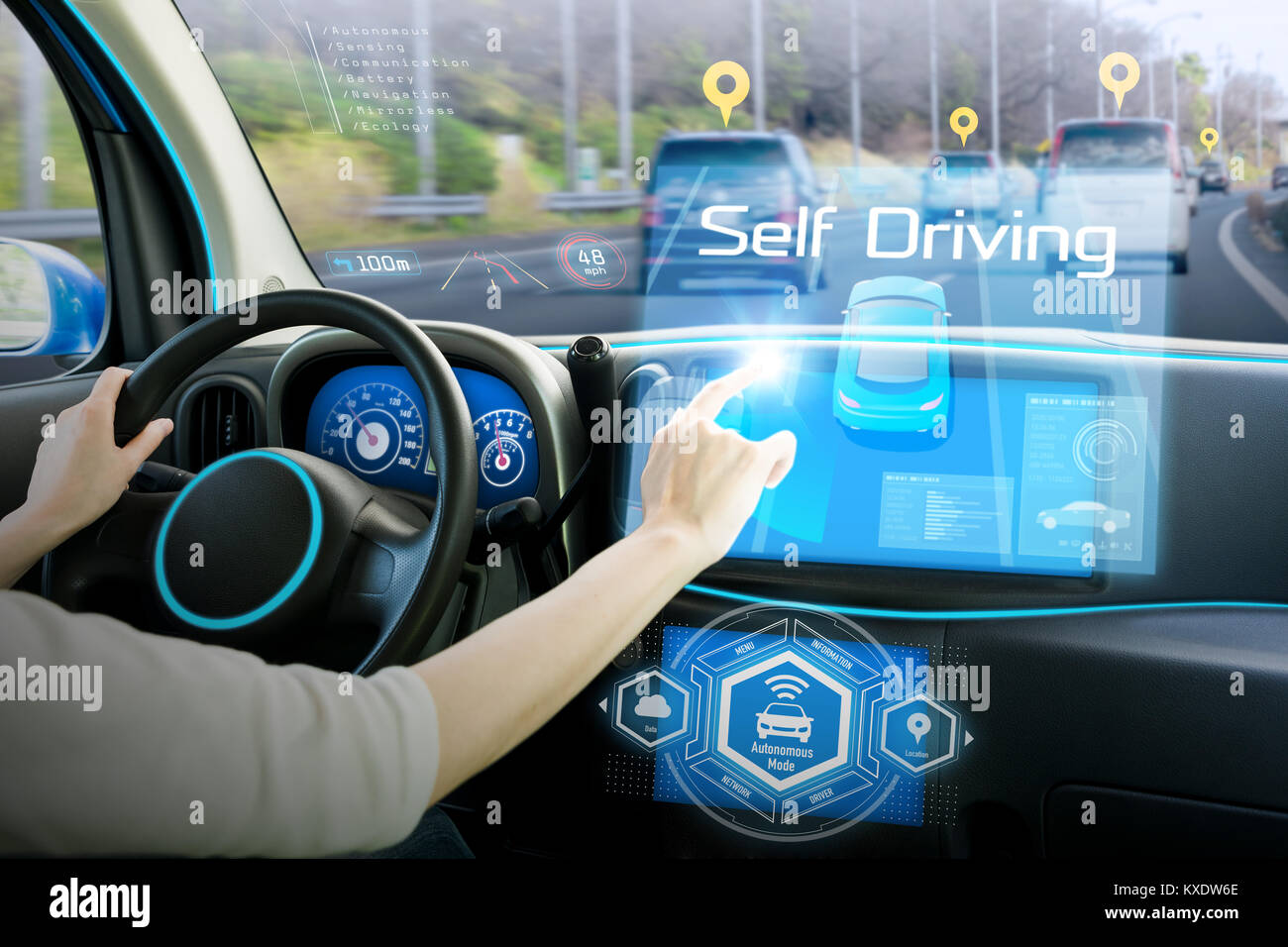 Cockpit of autonomous car. Driverless car. Self-driving vehicle. Head up display. Stock Photo