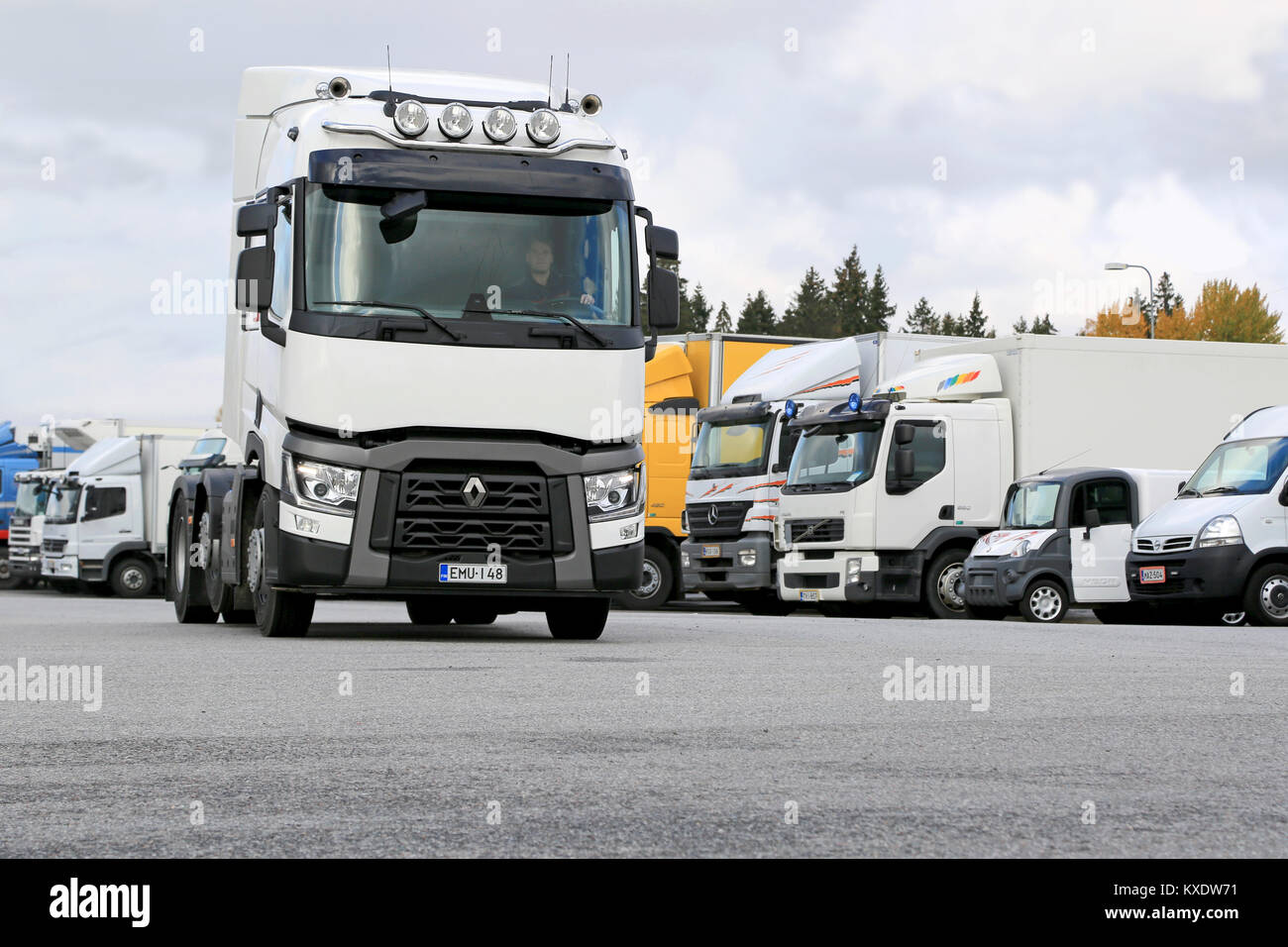 LIETO, FINLAND - OCTOBER 4, 2014: Renault T480 truck tractor is driven by unidentified driver. Renault Trucks T is awarded the International Truck of  Stock Photo