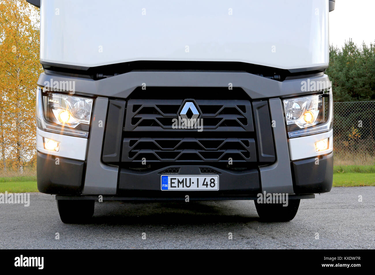 LIETO, FINLAND - OCTOBER 4, 2014: Renault T480 truck tractor with dipped beam lights and cornering lights on. Renault Trucks T is awarded the Internat Stock Photo