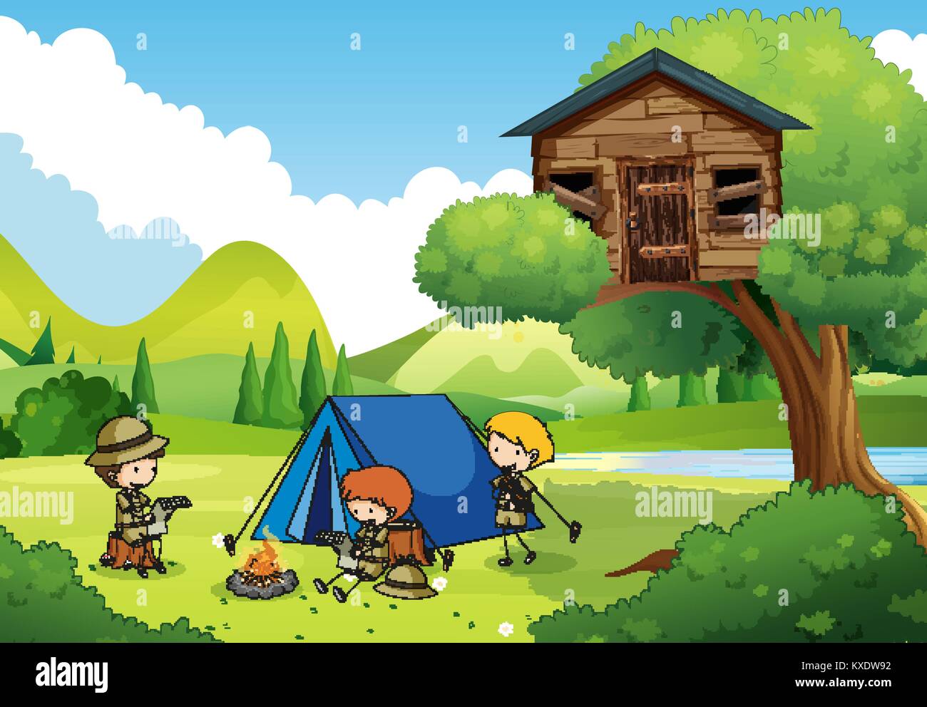 Boyscouts camping in the woods illustration Stock Vector Image & Art ...