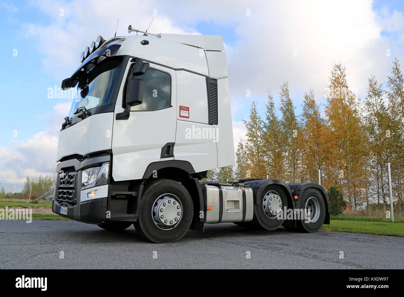 LIETO, FINLAND - OCTOBER 4, 2014: Renault T480 truck tractor on display. Renault Trucks T is awarded the International Truck of the year 2015 by the j Stock Photo