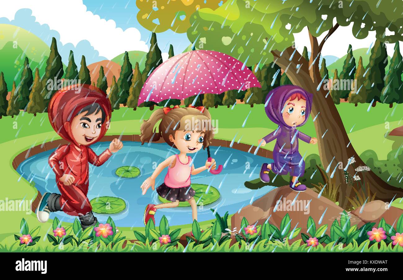 Kids in the garden when it is raining illustration Stock Vector ...