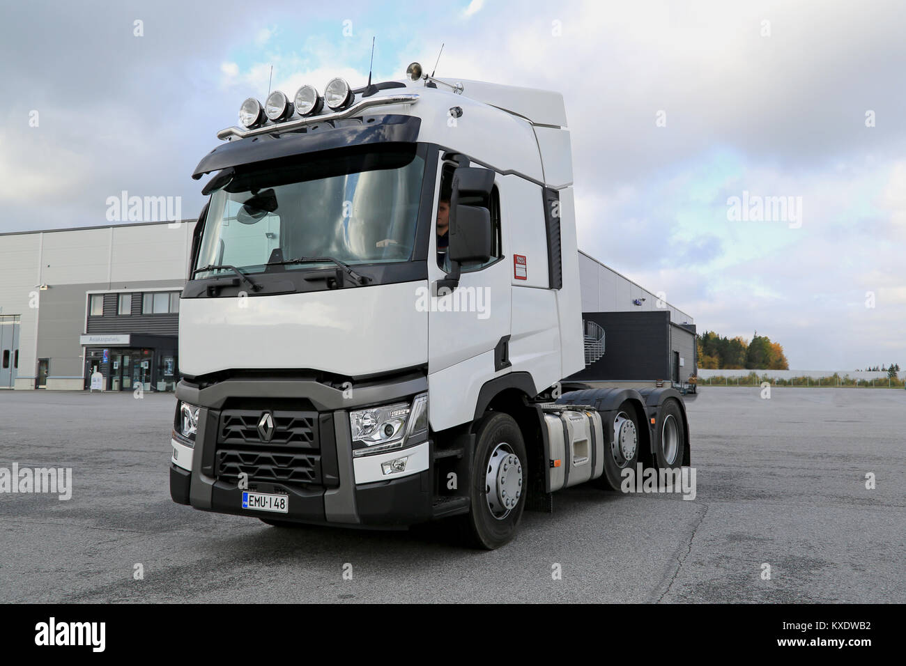 LIETO, FINLAND - OCTOBER 4, 2014: Renault T480 truck tractor is driven by unidentified driver. Renault Trucks T is awarded the International Truck of  Stock Photo
