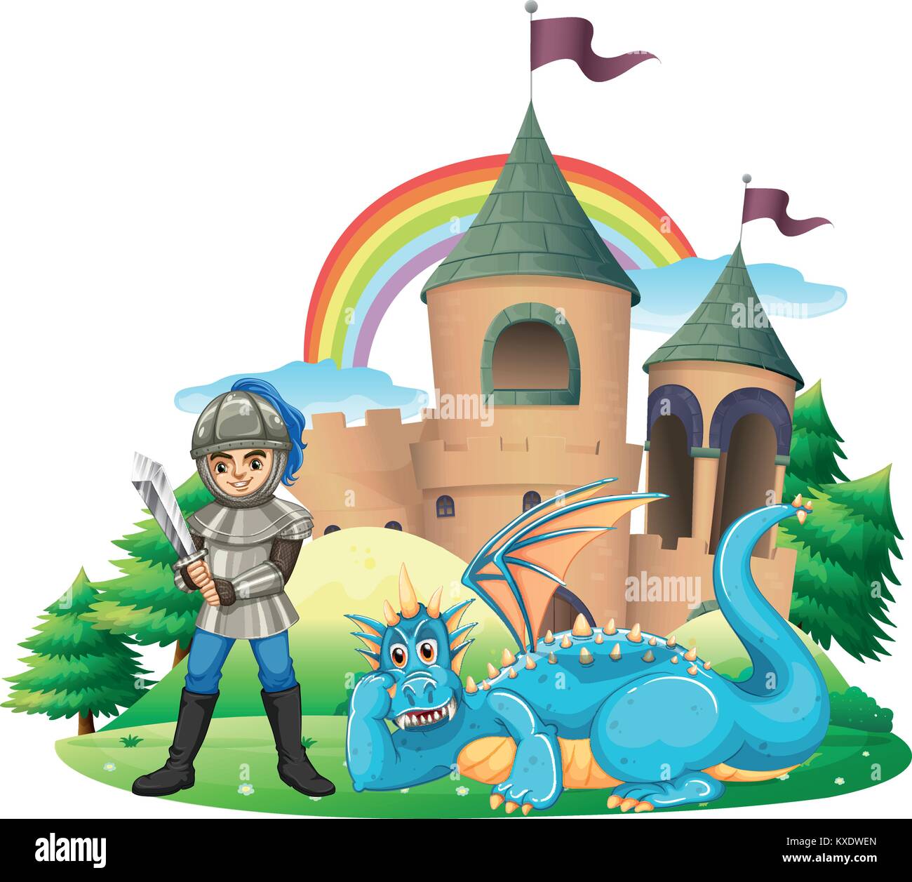 Scene with knight and blue dragon illustration Stock Vector Image & Art ...