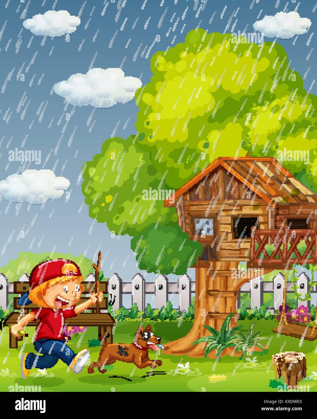 Boy and dog running in the park on rainy day illustration Stock Vector ...