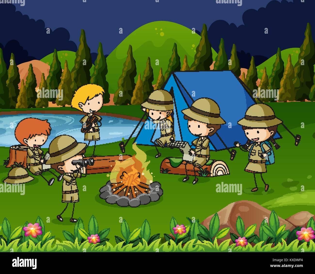Children camping out in the woods illustration Stock Vector Image & Art ...