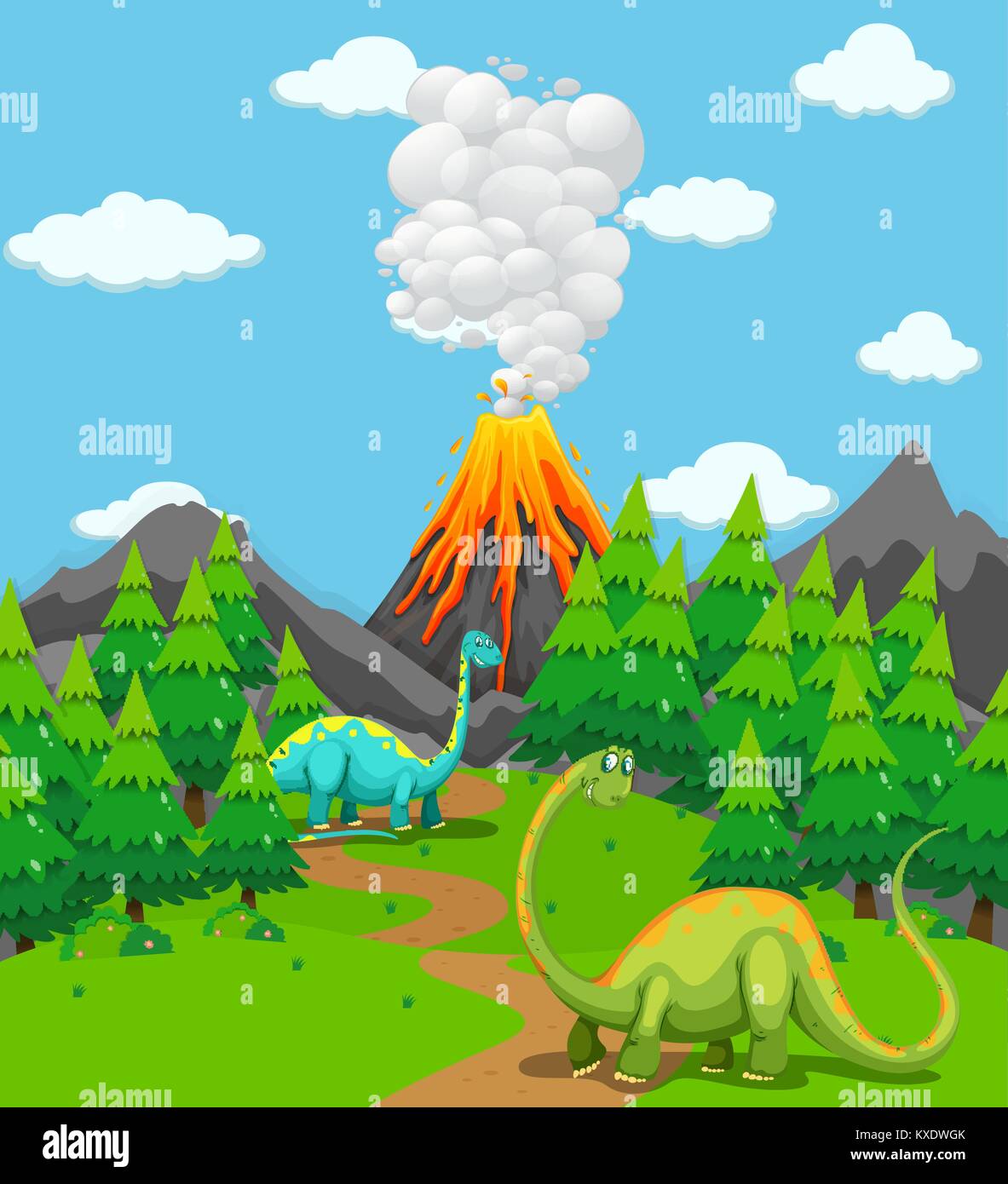 Two dinosaurs and volcano eruption illustration Stock Vector Image Art Alamy