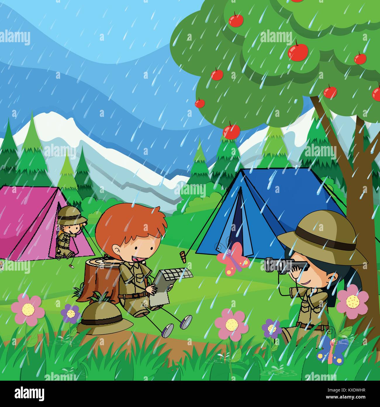Kids camping out in the rain illustration Stock Vector Image & Art - Alamy