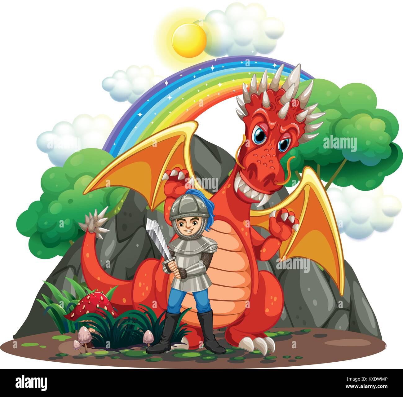 Red dragon and knight with sword illustration Stock Vector Image & Art ...