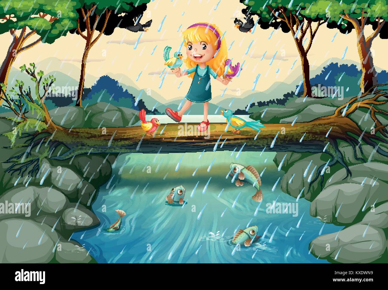 Raining scene with girl on the bridge illustration Stock Vector Image ...