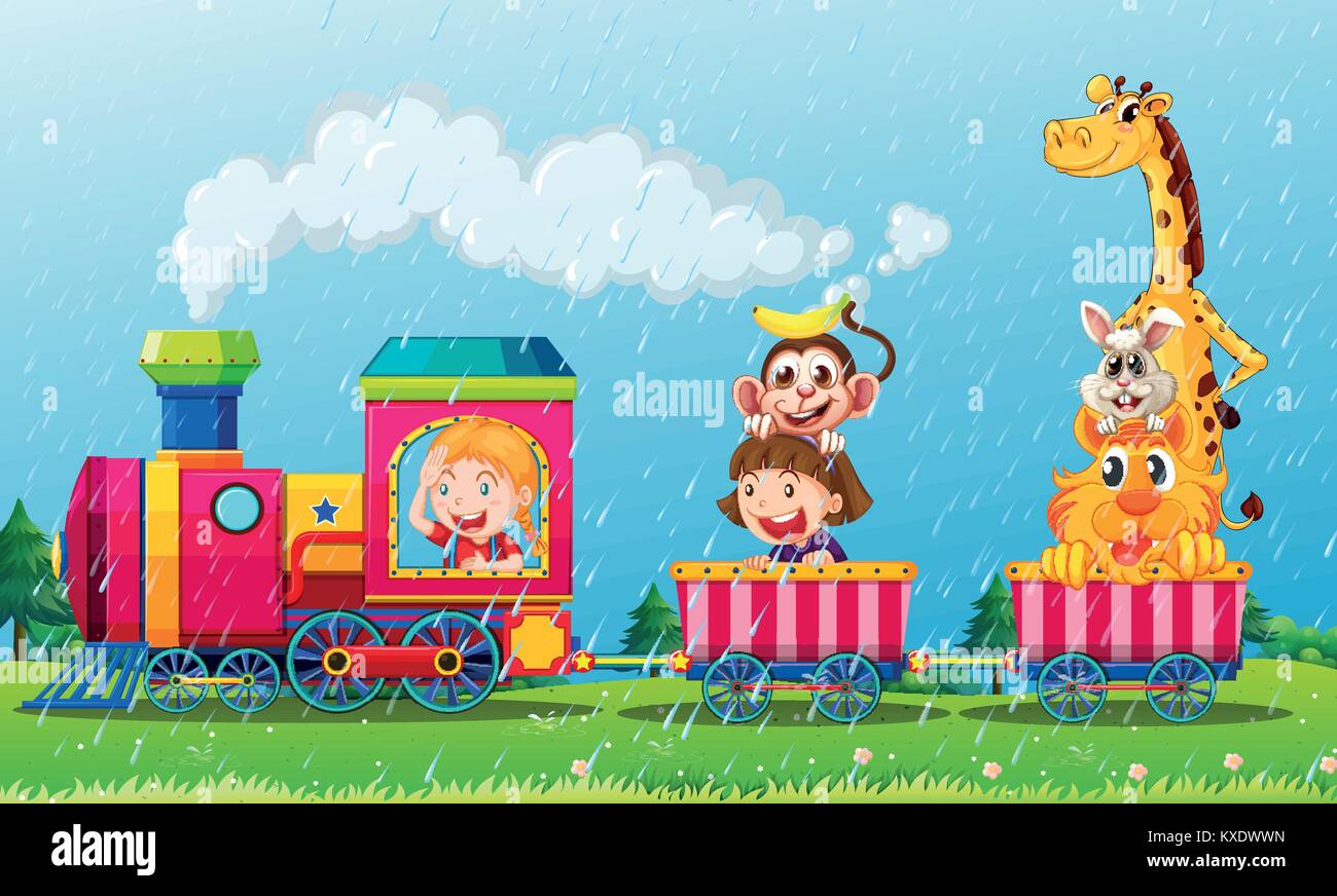 Raining scene with animals on the train illustration Stock Vector