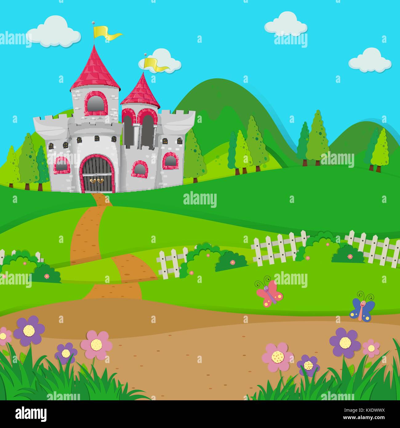 Background scene with castle towers in the field illustration Stock