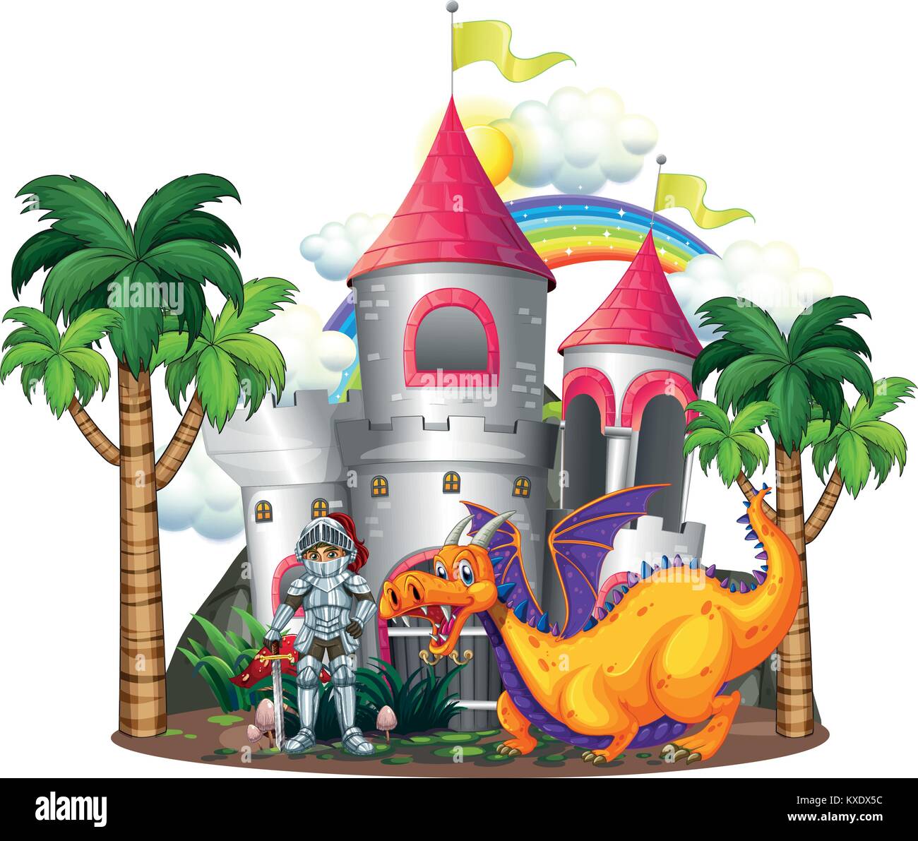 Knight and dragon at the castle towers illustration Stock Vector Image ...