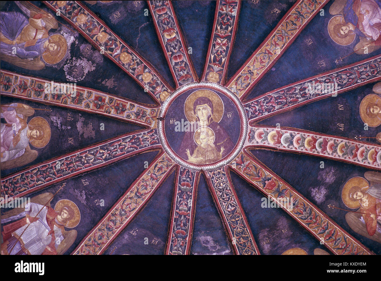 Byzantine Fresco of Virgin Mary and Child or Infant Jesus Surrounded by Angels in the West Dome of the Side Chapel of the Byzantine Greek Orthodox Chora Church or Church of the Holy Saviour in Chora, Istanbul, Turkey Stock Photo