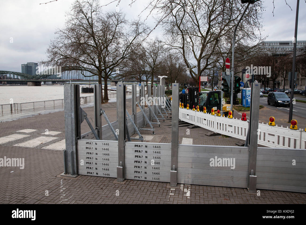Cologne, Germany, 7. January 2018, flood of the river Rhine, mobile