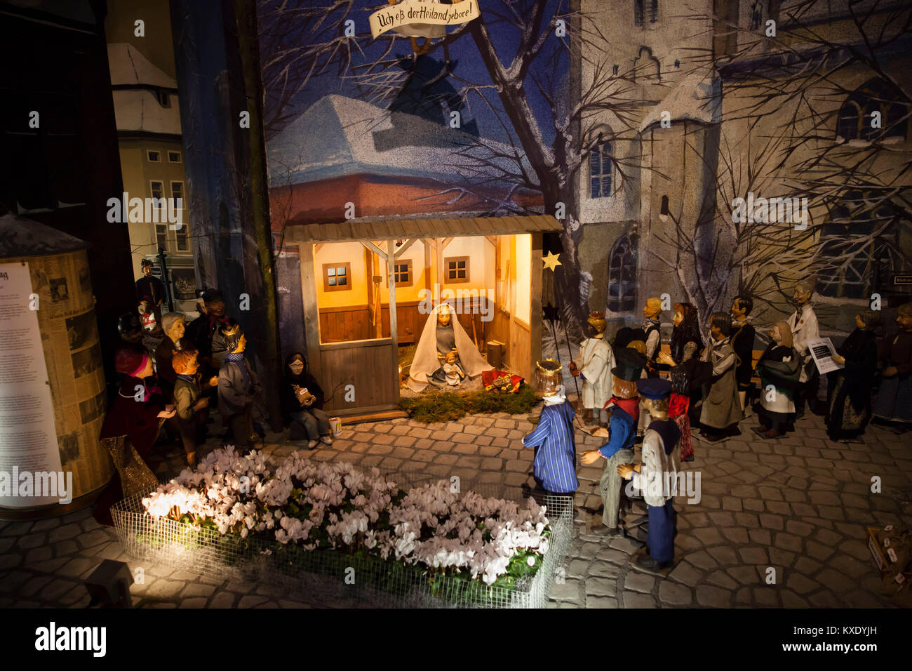 Europe, Germany, Cologne, nativity set inside the romanesque church St. Maria im Kapitol.  Europa, Deutschland, Nordrhein-Westfalen, Koeln, Krippe in  Stock Photo