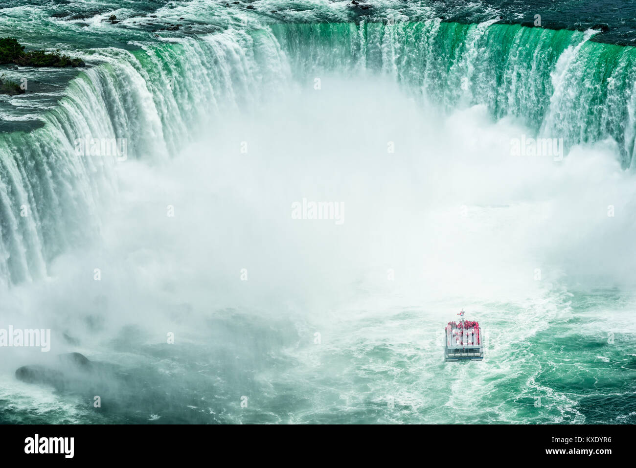 High Angle view on Passenger Ship approaching the Niagara Falls, seen from Canadian side Stock Photo