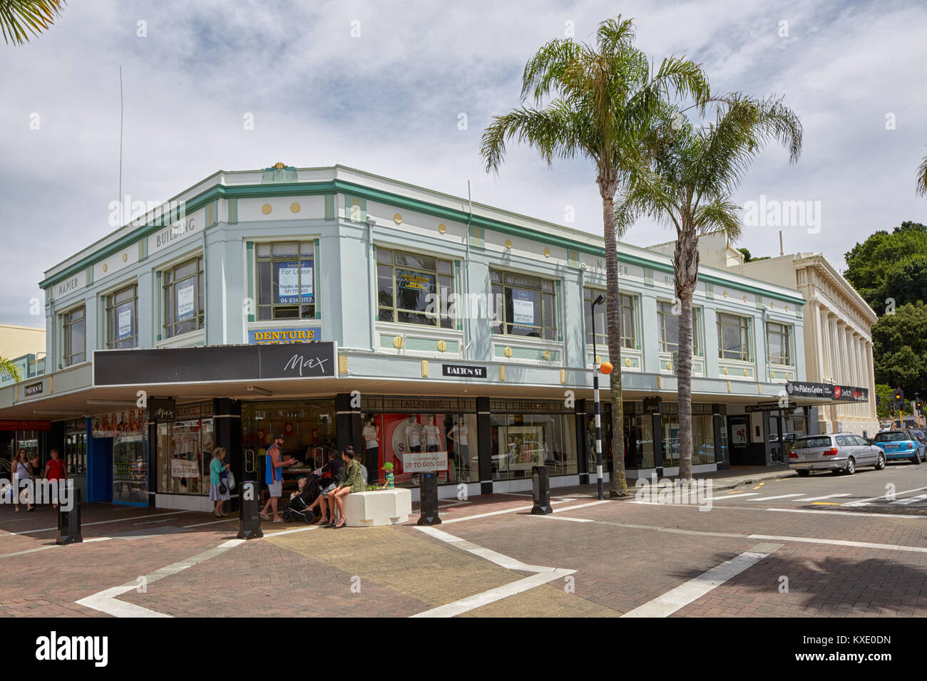 Intersection of Emerson Street and Dalton Street showing Napier Building, Napier, New Zealand Stock Photo