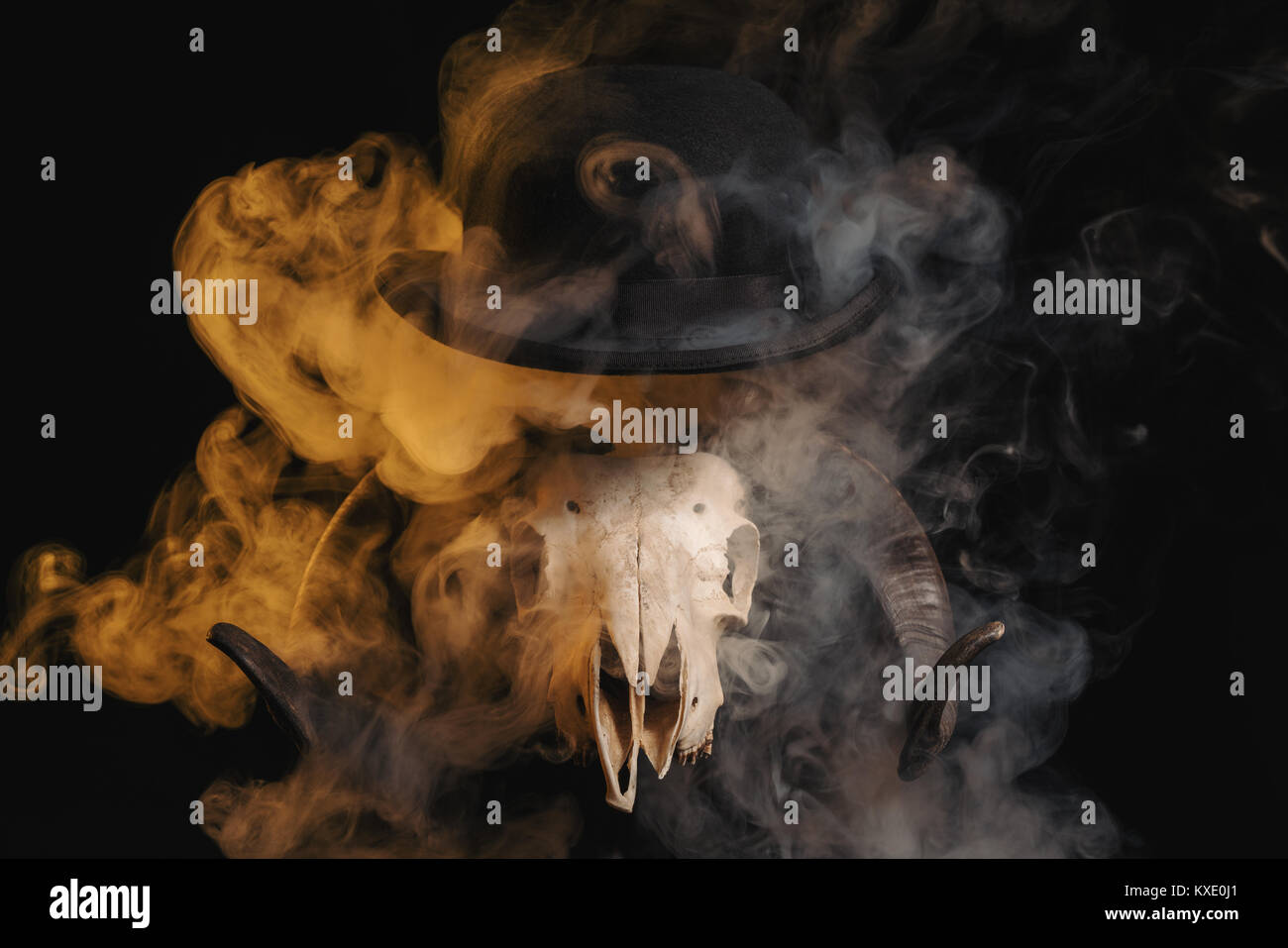 Ram skull with horns and a bowler hat on a smoky background Stock Photo