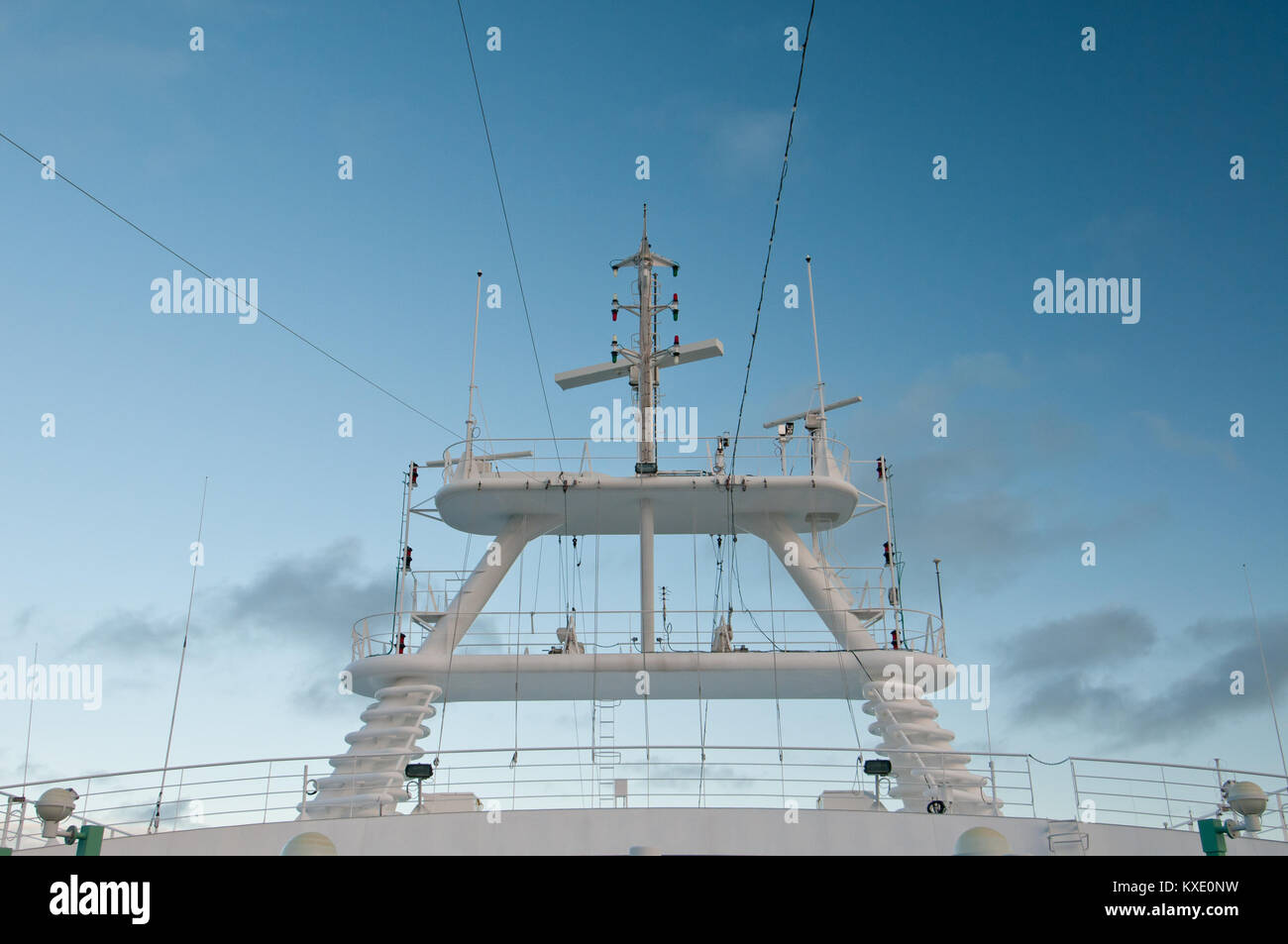 Radar and communications equipment on cruise ship with blue sky Stock ...