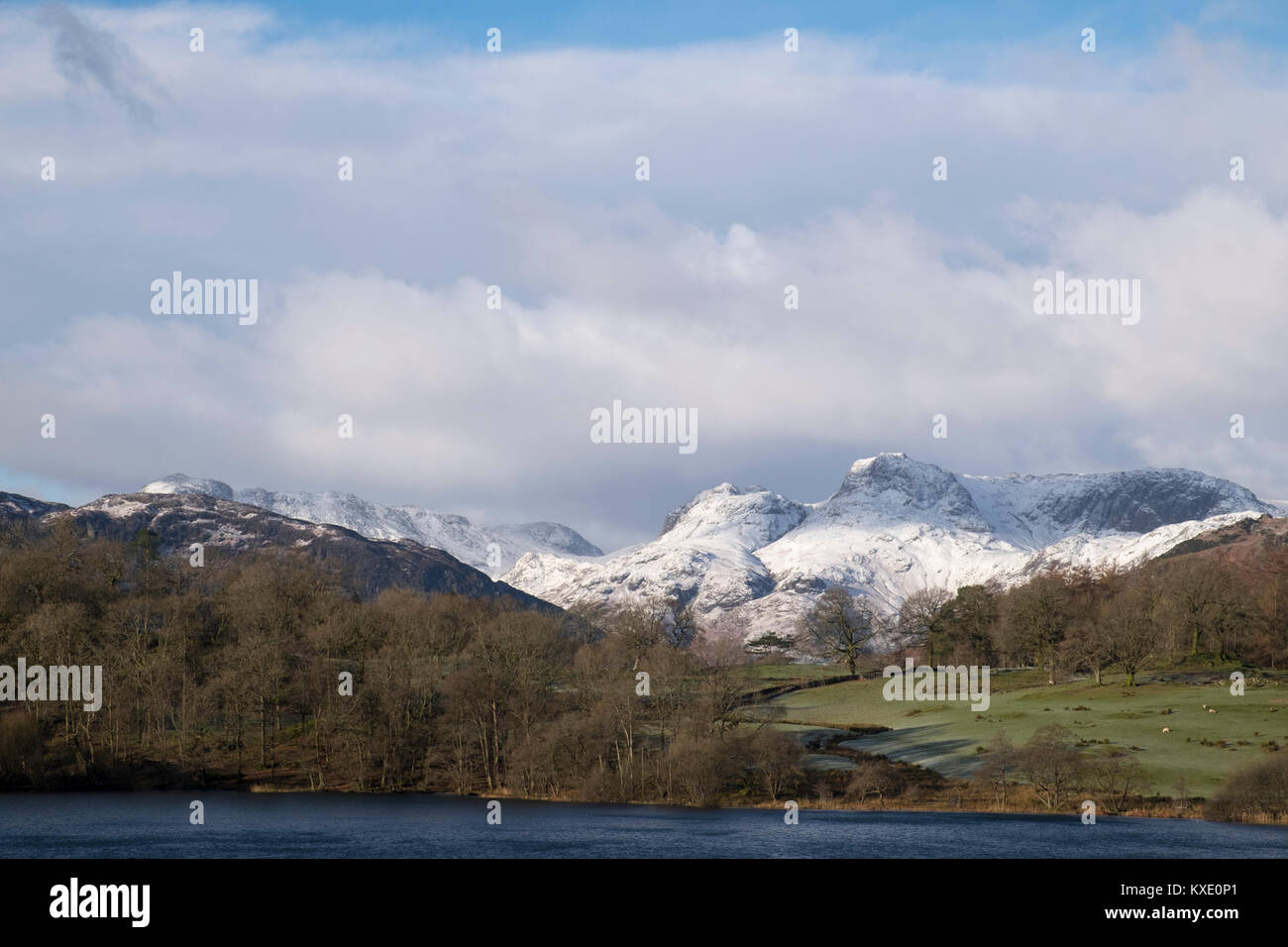 Langdale Pikes in snow from Loughrigg, Lake District, England Stock Photo