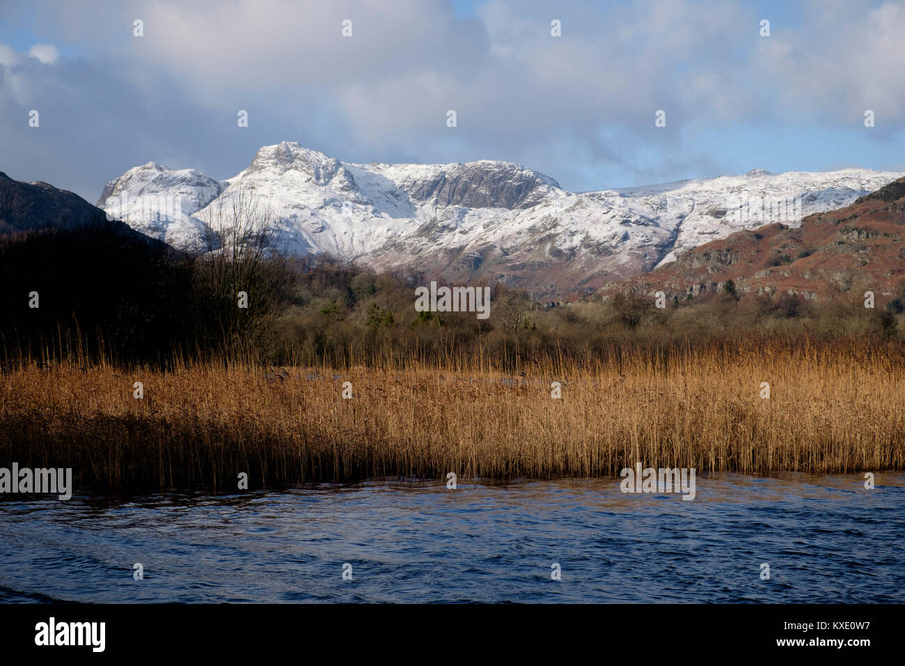 Langdale Pikes from Elter Water, Lake District, England Stock Photo