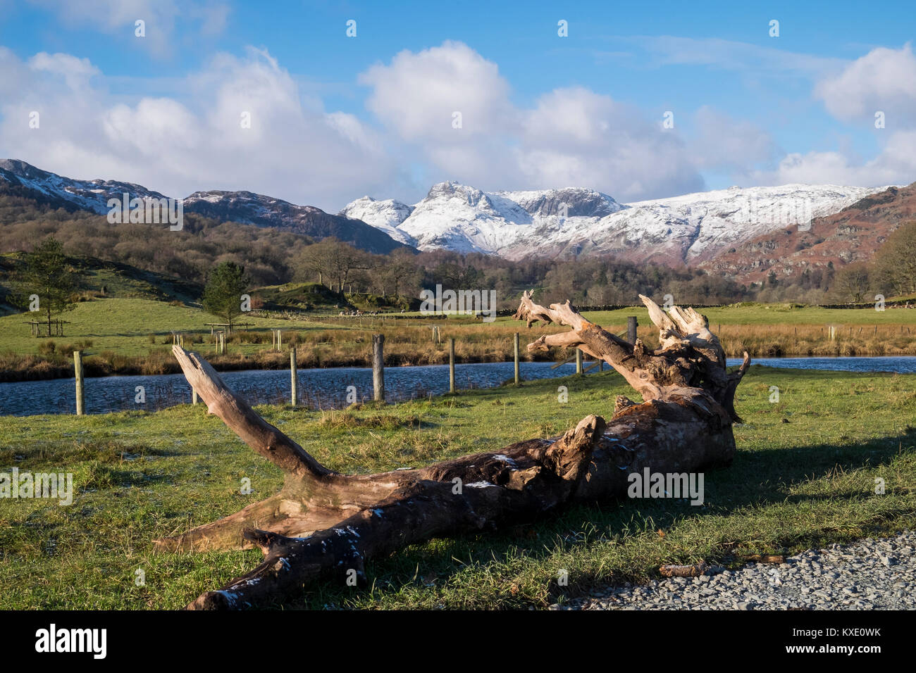 Langdale Pikes from Elter Water, Lake District, England Stock Photo