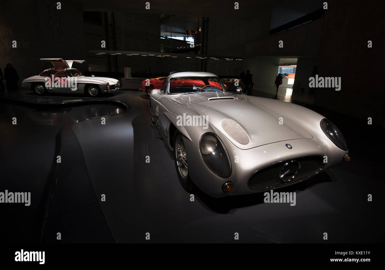 The SL and SLR Gullwing cars from the fifties at the Mercedes Museum  in Stuttgart-Germany. From L to R : 250SL, 250SL Cabrio , SLR Uhlenhaut Coupe. Stock Photo