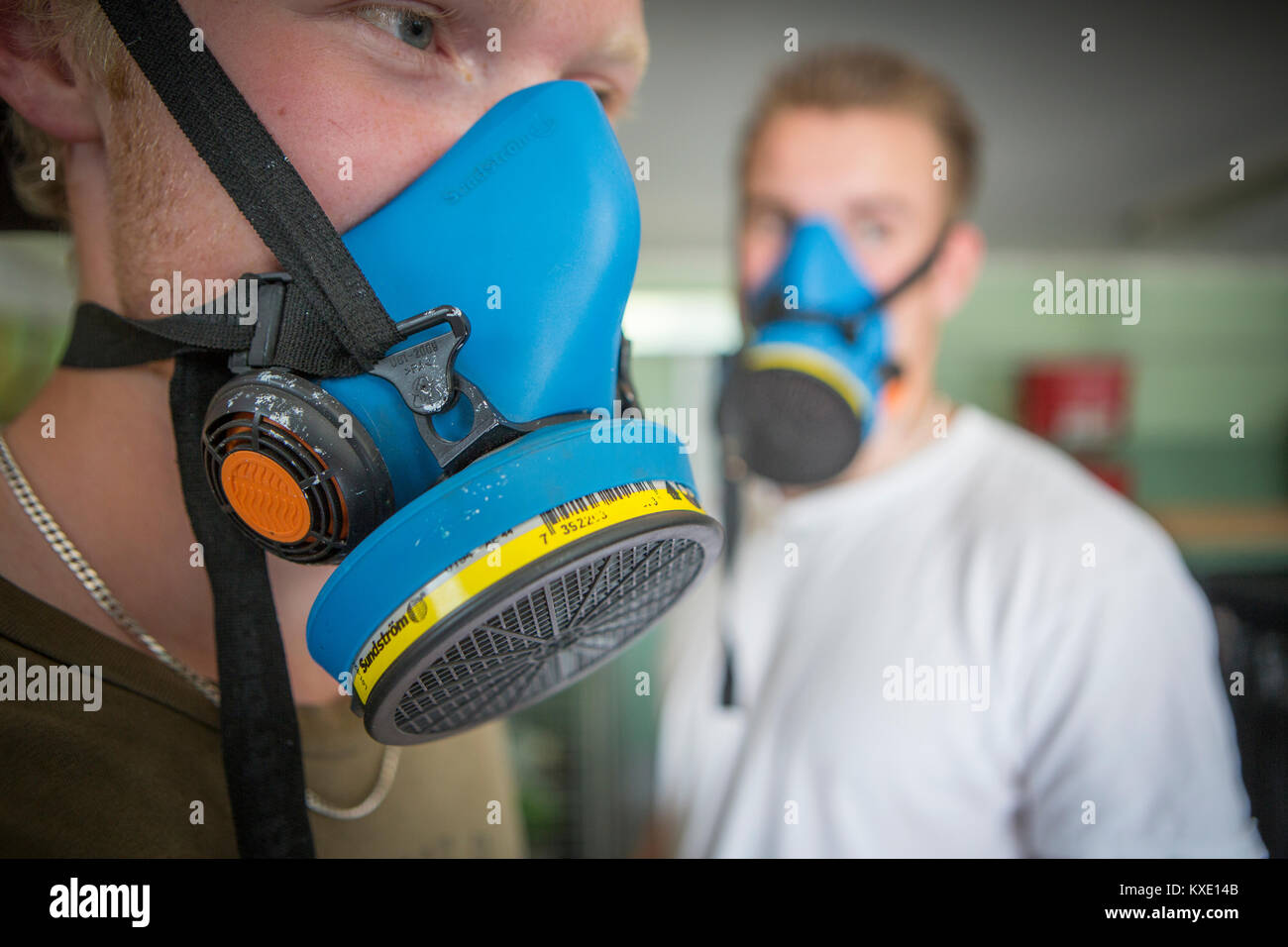 Man with face mask, Upplands Väsby, Sweden. Stock Photo