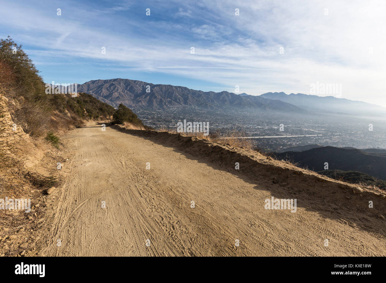 Dirt fire road on Verdugo Mountain above La Cresenta and La Canada - Flintridge in Los Angeles County, California. Stock Photo