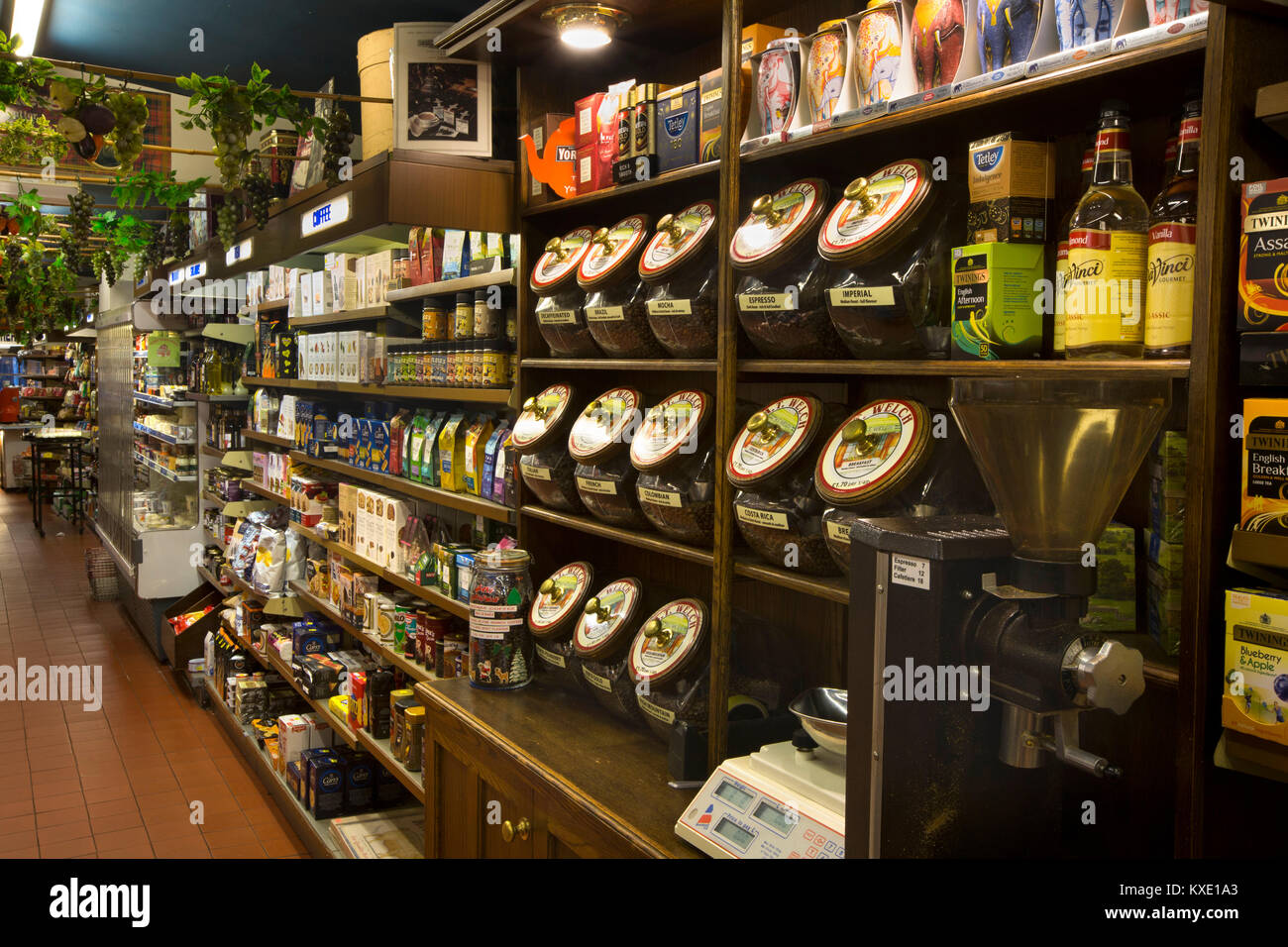 UK, England, Cheshire, Nantwich, Hospital Street, AT Welch (Austin’s) grocer’s shop shelves, coffee jars Stock Photo