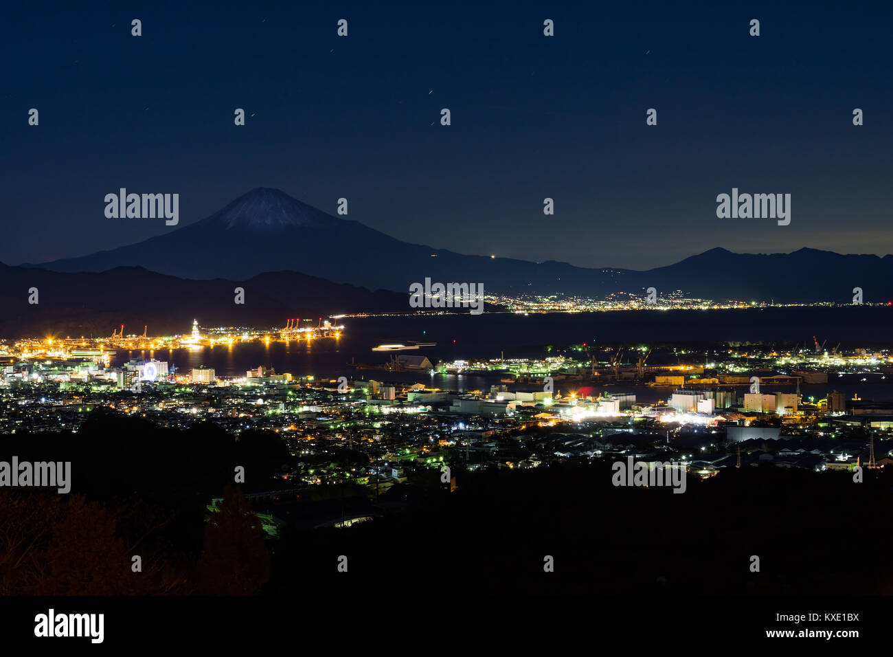Nightview of Mount Fuji and Shimizu Port in winter. Stock Photo