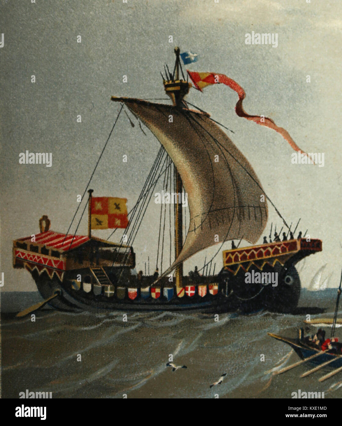 Middle age. Cog (ship). 11th-12th century. illustration, 1879. Color. Europe. Stock Photo